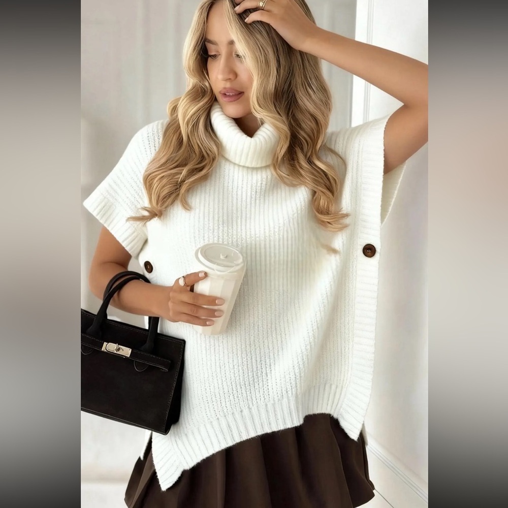 Made in Italy 🇮🇹 Cozy Pink Ribbed Cowl Poncho Sweater with Side Button Detail